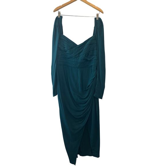Self-Portrait Deep Teal Iris Long Sleeve Draped Midi Dress Size 10 - Picture 2 of 11